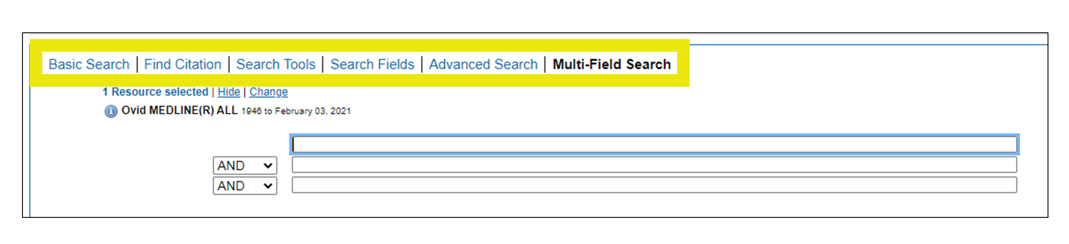 Das Bild zeigt eine Multifunktionssuche auf der Plattform Ovid