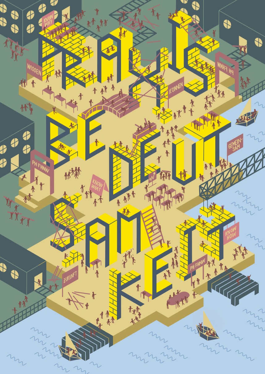 Grafik in der das Wort "Praxisbedeutsamkeit" als Mauern eines Schulgebäudes dargestellt wird. Zwischen den Buchstaben sind Schülerinnen, Lehrerinne und Klassenzimmer abgebildet.