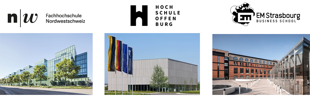 Logos und Campusbilder der am Studiengang Master of Science in Sustainable Business Development beteiligten Hochschulen. 