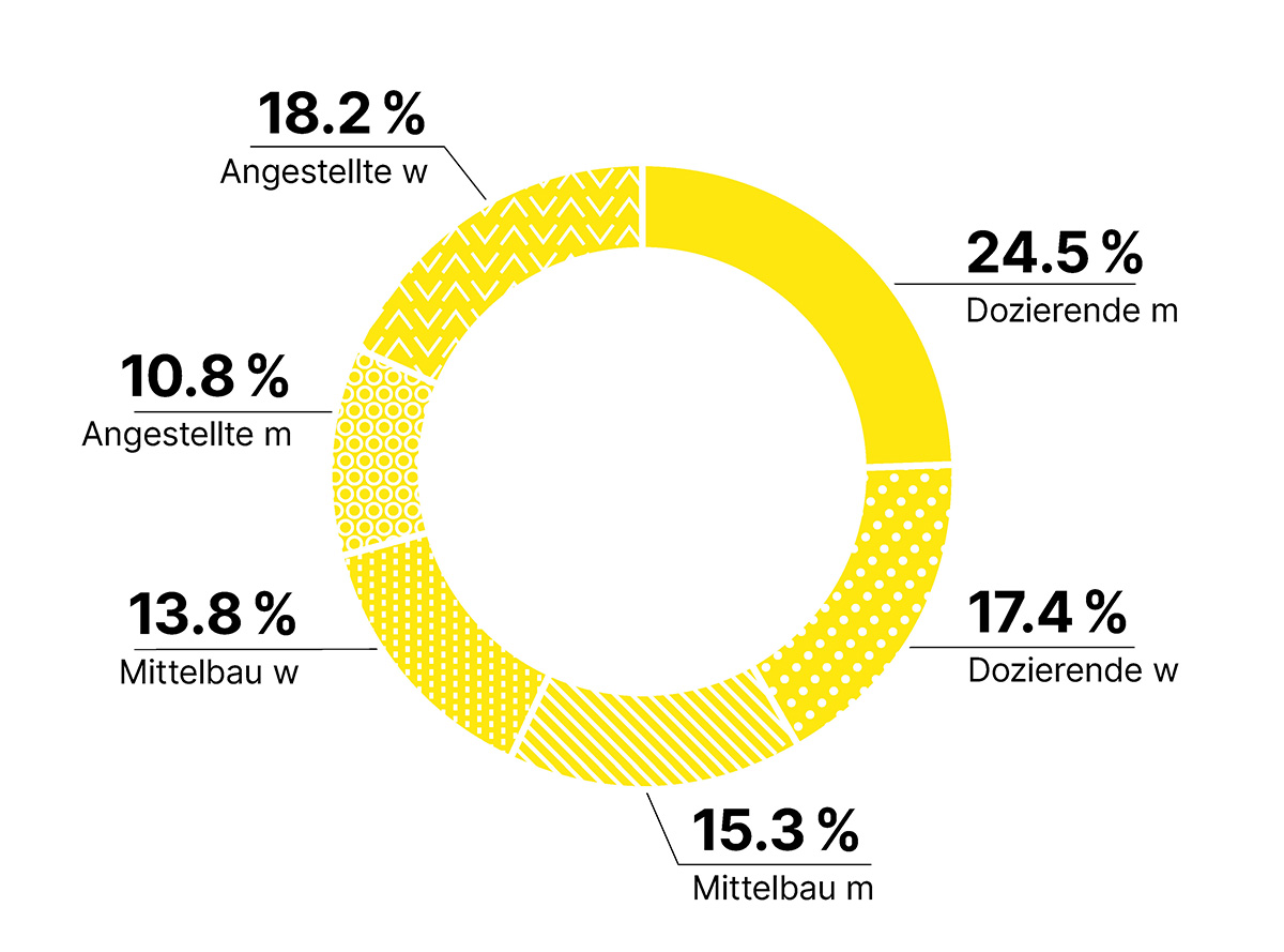 Dozierende männlich: 24.5%, Dozierende weiblich: 17.4%, Mittelbau männlich: 15.3%, Mittelbau weiblich: 13.8%, Angestellte männlich: 10.8%, Angestellte weiblich: 18.2%