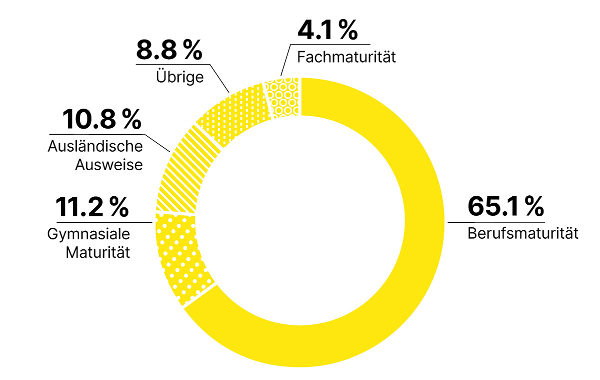 Berufsmaturität: 65.1%, Gymnasiale Maturität: 11.2%, Ausländische Ausweise: 10.8%, Fachmaturität: 4.1%, Übrige: 8.8%