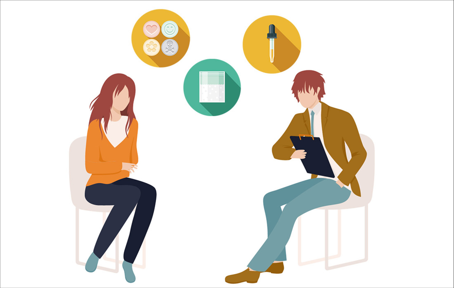 Grafik von einem Berater und einer Patientin, die sich gegenüber sitzen und über Drug-Checking sprechen