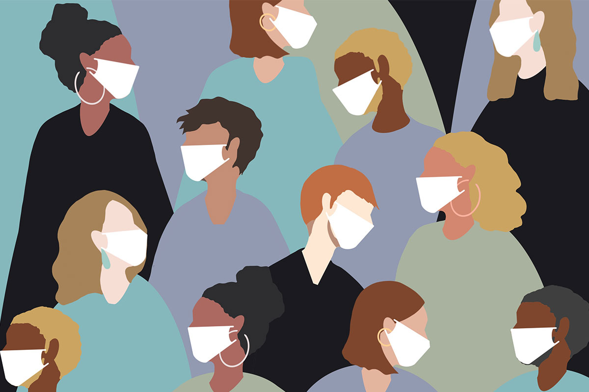 Grafische Darstellung von verschiedenen, durcheinanderlaufenden Menschen, die eine Schutzmaske tragen