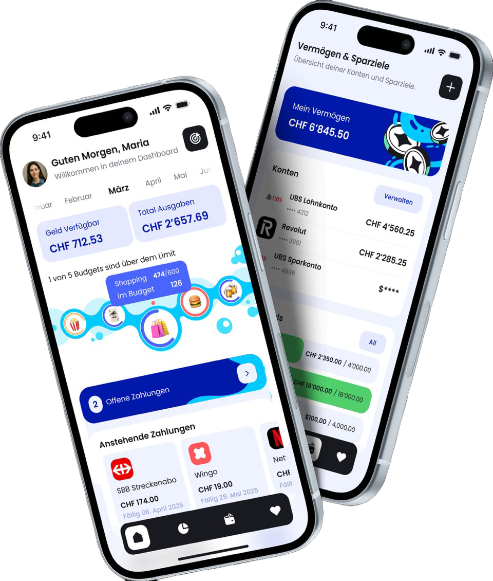 Screenshots der Liquid App mit Übersicht des Kontobudgets und anstehender Ausgaben