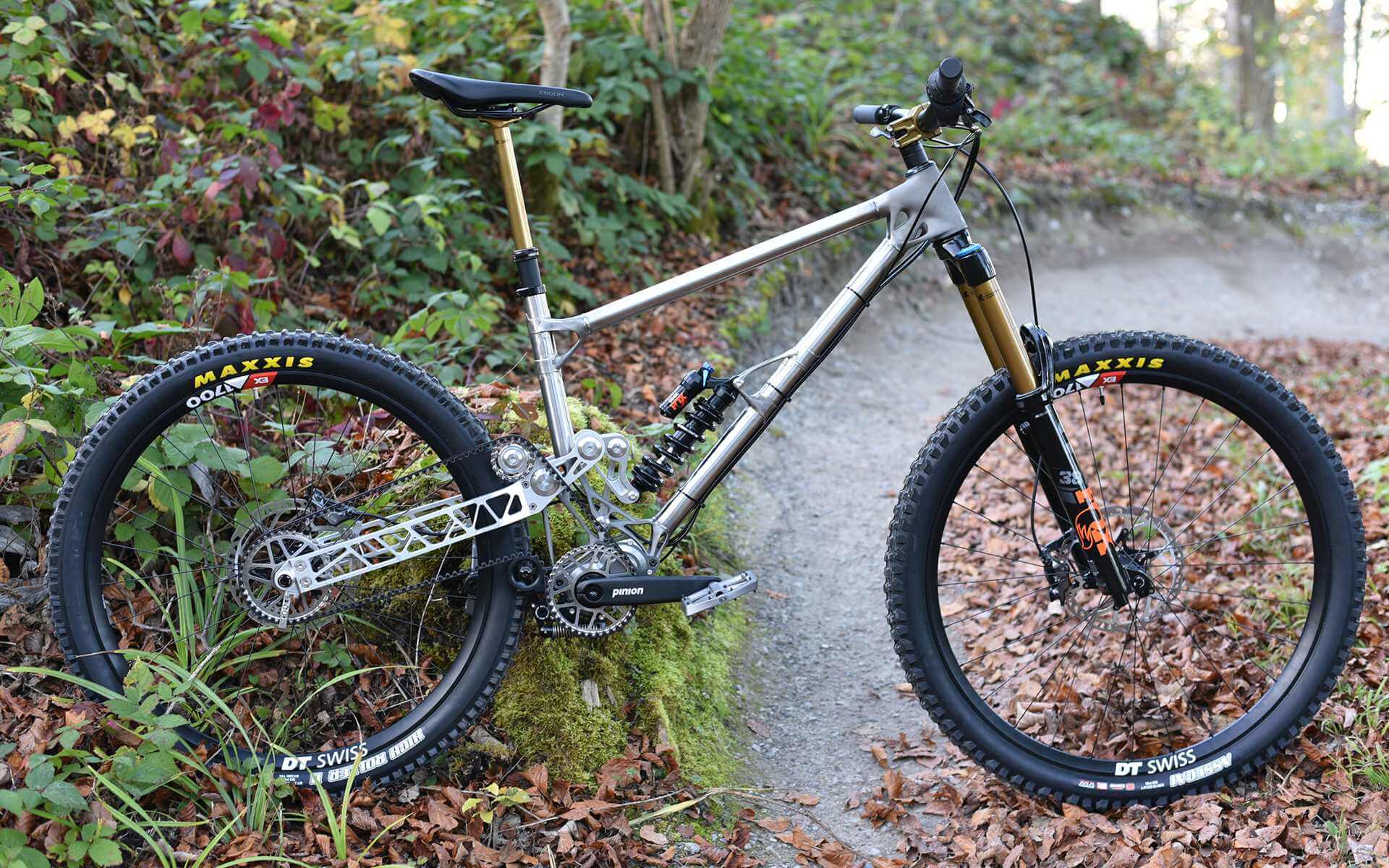 Enduro-Bike in Vollaufnahme im Wald