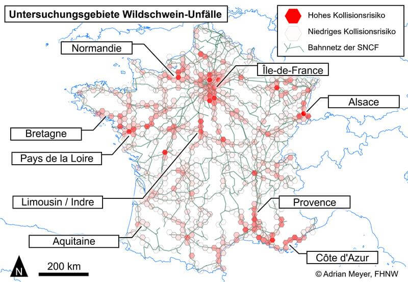 Karte mit dem Netz der SNCF und den von Adrian Meyer hervorgehebenen Gefahrenzohnen für Wildschweinkollisionen