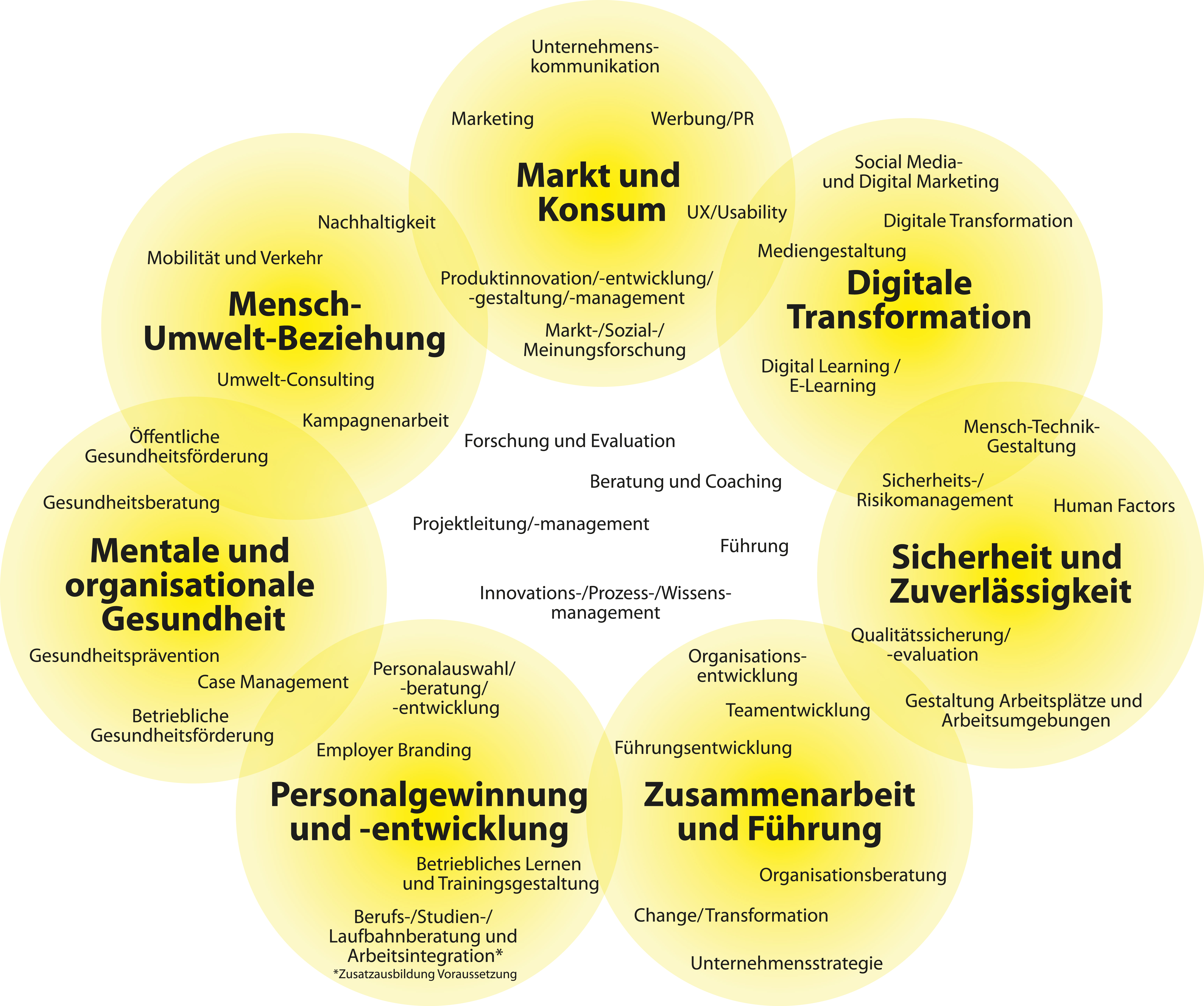 Folgende Tätigkeitsfelder sind aufgeführt: Markt und Konsum; digitale Transformation; Sicherheit und Zuverlässigkeit; Zusammenarbeit und Führung; Personalgewinnung und -entwicklung; Mentale und organisationale Gesundheit; Mensch- Umwelt-Beziehung