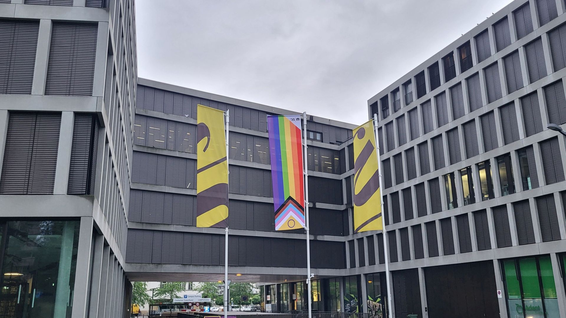 The pride flag flies between two FHNW flags in front of the FHNW campus building in Brugg-Windisch