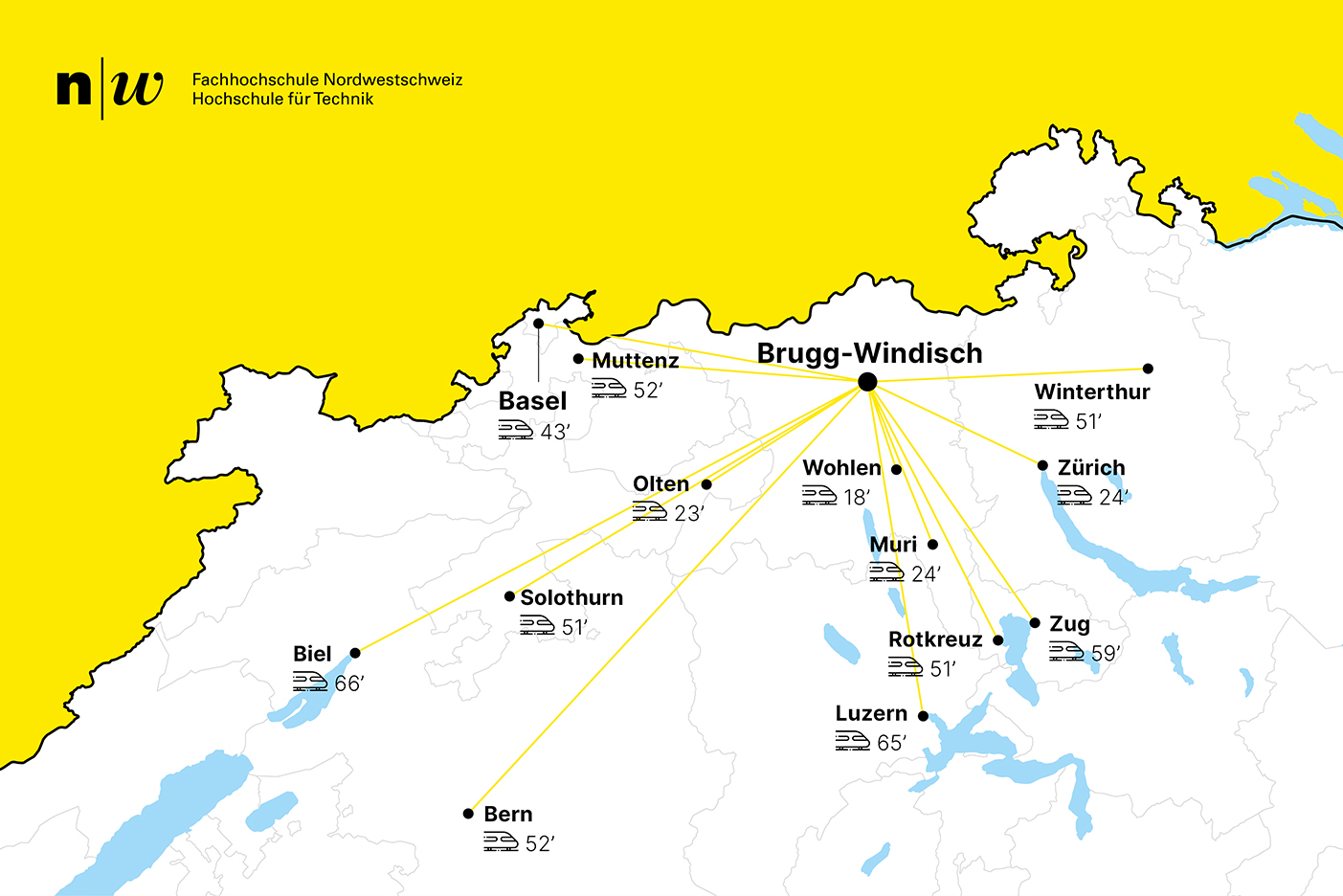 Map of switzerland, showing travel time to campus