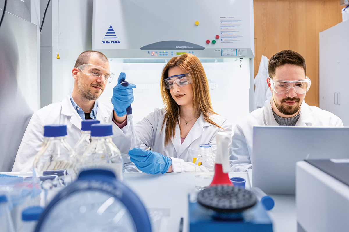 Jetlinda Krasniqi, Nicolas Bopp und Jan Kruta nutzen maschinelles Lernen, um Immunreaktionen zu extrapolieren. Anschließend validieren sie ihre Arbeit im Labor und speisen ihre Ergebnisse in Computermodelle ein, um Krankheiten und die Reaktion des Körpers besser zu verstehen.