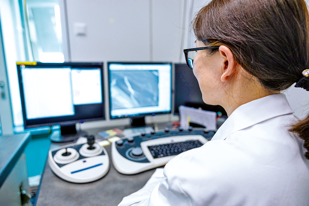 Die wissenschaftliche Mitarbeiterin Congyu Wu charakterisiert mittels Rasterelektronenmikroskopie Nanomoleküle, die an die Blut-Hirn-Schranke binden sollen.